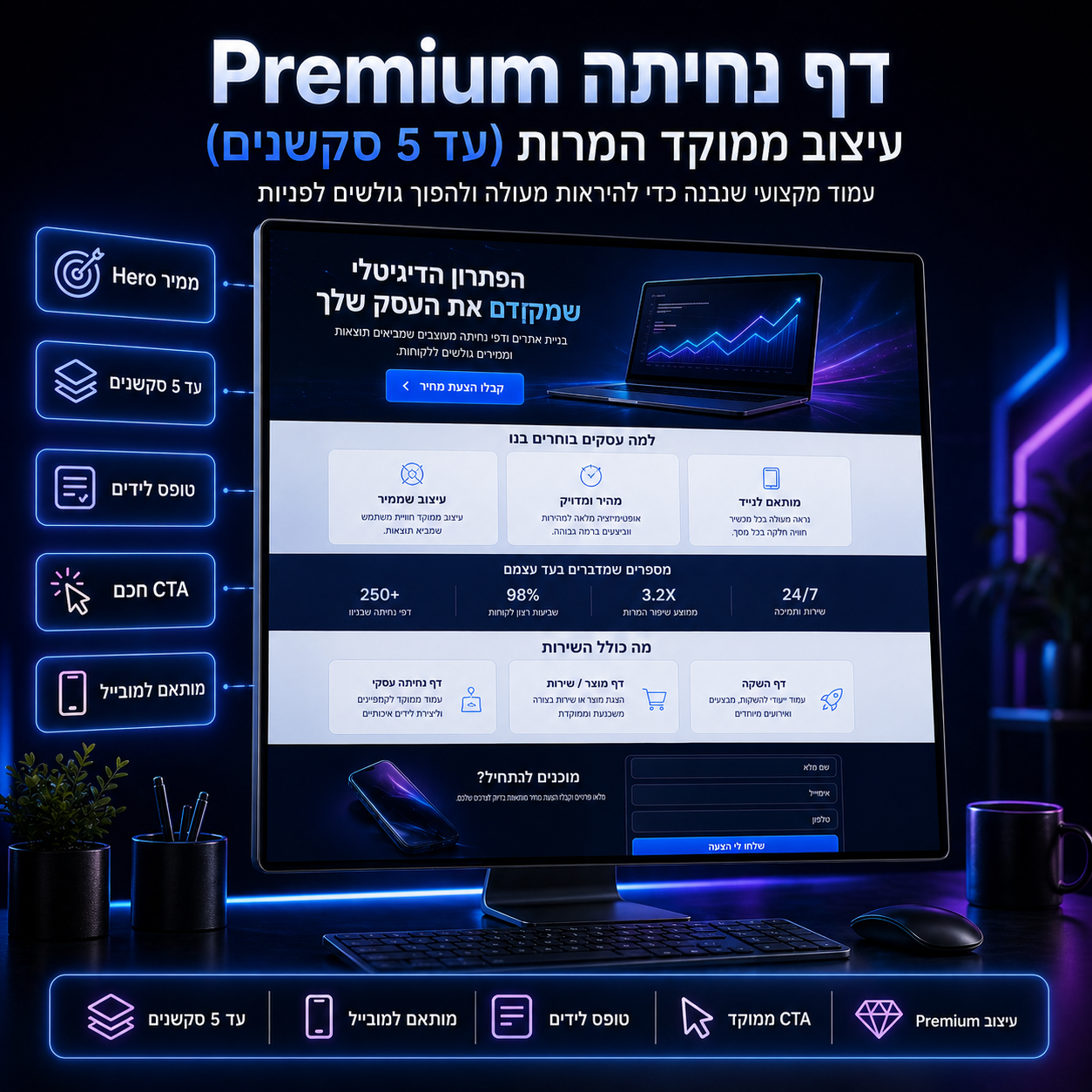 דף נחיתה Premium – עיצוב ממוקד המרות (עד 5 סקשנים)