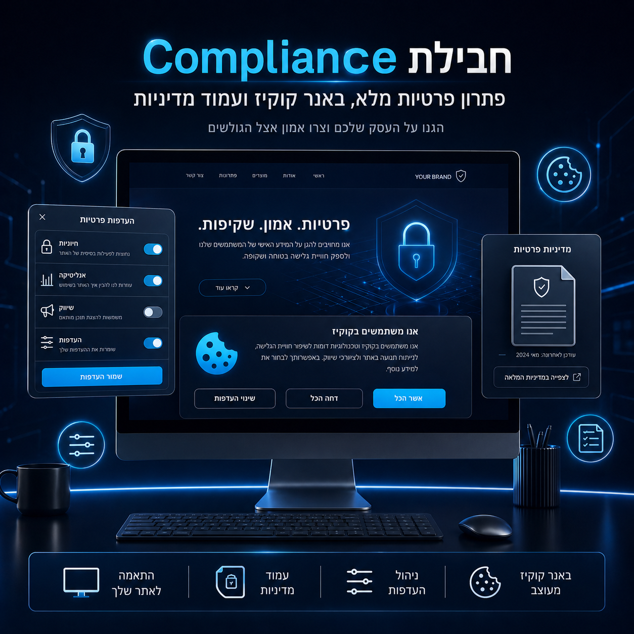 חבילת Compliance: פתרון מדיניות פרטיות מלא, באנר קוקיז ועמוד מדיניות.