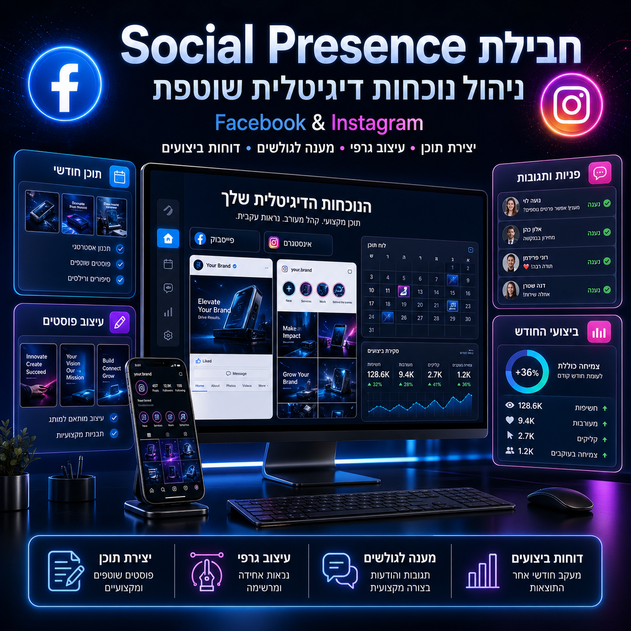 חבילת Social Presence: ניהול נוכחות דיגיטלית שוטפת (Facebook & Instagram)